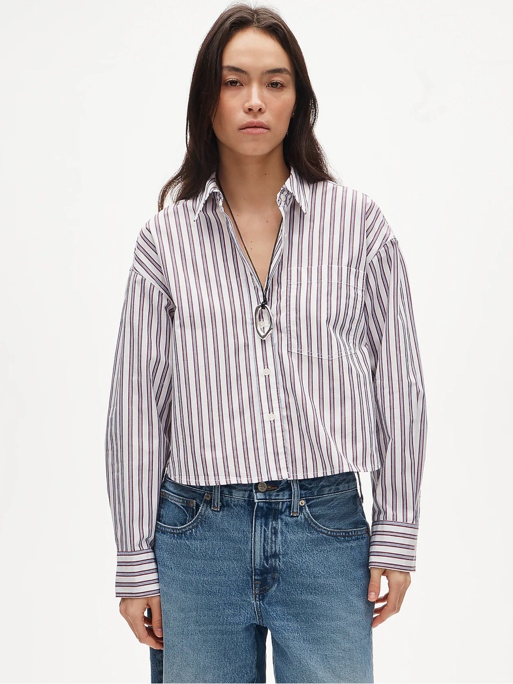 NWT J Crew Etienne Cropped Button Up Shirt in Striped Cotton Poplin